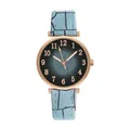 Detailed close-up of rose gold watch case with leaf pattern dial and blue leather strap - Watch Only / Blue