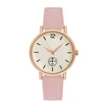 Close-up of minimalist rose gold quartz watch with pink leather strap and sand-texture dial - Pink Watch Only