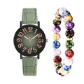 Women quartz watch with green leather strap and colorful marble beaded bracelet set - Wristwatch And Colored Beaded Bracelet / Green