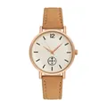 Detailed macro of the round white dial with rose gold case and brown frosted leather strap - Yellow Watch Only
