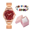 Elegant rose gold quartz watch set with red floral dial and colorful beaded bracelet - Watch Bracelet And Gift Box / Red