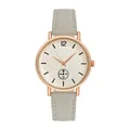 Close-up of minimalist rose gold watch with beige frosted dial and grey leather strap - Grey Watch Only