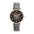 Detail of grey leather strap watch with rose gold case and leaf pattern dial - Watch Only / Gray