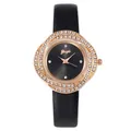 Close-up of rose gold watch case with sparkling rhinestones and black leather strap - Watch Only / Black