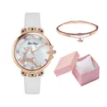 Women's quartz watch with deer motif and crystals, including star charm bracelet and pink gift box - White + Bracelet + Box