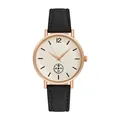 Detail of rose gold quartz watch featuring a matte dial and black pebble leather strap - Black Watch Only