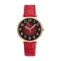 Detail view of red faux-crocodile leather strap and rose gold leaf pattern watch dial - Watch Only / Red