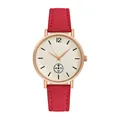 Detail of red matte strap women's watch with rose gold case and small seconds dial - Red Watch Only