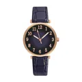 Close-up of navy leather watch strap with rose gold case and Arabic numeral dial - Watch Only / Navy Blue