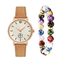 Women's rose gold quartz watch with brown suede strap and marble beaded bracelet set - Yellow Watch + Bracelet