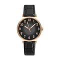 Detail of rose gold watch case with leaf pattern black dial and crocodile embossed leather strap - Watch Only / Black