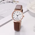 Fashionable women's quartz watch with brown leather strap and floral pattern dial - Brown