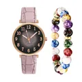 Detail of pink faux leather strap watch with numeric dial and colorful beaded bracelet - Watch+Bracelet / Pink