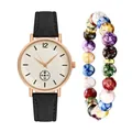 Women's quartz watch with rose gold case, black leather strap and colorful bead bracelet - Black + Bracelet