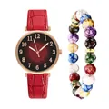 Close-up of women's quartz watch with red leather strap and matching colorful beaded bracelet - Watch+Bracelet / Red