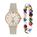 Close-up of rose gold watch with grey frosted strap and colorful beaded charm bracelet - Grey Watch + Bracelet