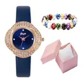 Damenquarzuhr mit blauem Lederarmband und Kristalllünette in einer rosa Geschenkbox - Uhr Und Armband Und Box / Blau