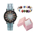 Women's quartz watch gift set with blue leather strap and colorful beaded bracelet - Wristwatch And Beaded Bracelet And Gift Packaging / Blue