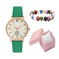 Minimalist women's quartz watch with green leather strap and matching beaded bracelet set - Green + Bracelet + Box