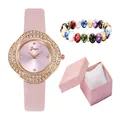 Schicke Damenuhr mit rosa Lederarmband, Strasszifferblatt, Keramikarmband und Geschenkbox - Uhr Und Armband Und Box / Rosa