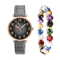Detail of rose gold watch with leaf pattern dial and colorful beaded charm bracelet - Watch+Bracelet / Gray