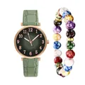 Women's quartz watch with leaf pattern dial and colorful beaded bracelet set on white background - Watch+Bracelet / Green