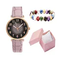 Pink faux leather watch with leaf pattern dial and beaded bracelet in a gift box set - Three-Piece Set / Pink