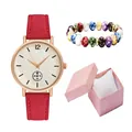 Red brown matte strap quartz watch and beaded bracelet in a gift box packaging - Red + Bracelet + Box
