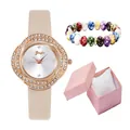 Damen-Roségold-Uhr mit Strass-Lünette und Lederarmband plus Perlenarmband-Set - Uhr Und Armband Und Box / Weiß
