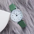 Minimalist women's quartz watch with white dial, green leather strap and silver case - Green
