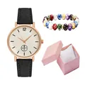 Close-up of minimalist quartz watch with black strap and colorful beaded bracelet in box - Black + Bracelet + Box