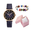 Close-up of leather strap watch with leaf dial and beaded bracelet in pink gift box - Three-Piece Set / Blue
