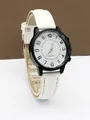 Macro view of white leather strap watch with black matte case and Arabic numerals - White Strap White Dial