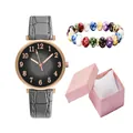 Women quartz watch with leaf pattern dial, beaded bracelet and pink gift box set - Three-Piece Set / Gray