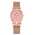 Detail of rose gold watch with pink leaf texture dial and Milanese mesh strap - Pink
