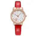 Red leather strap watch featuring rose gold cat ear case and kitten dial design - Red