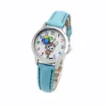 Detail of light blue leather strap and silver bezel with Lucky Child engraving on watch - Light Blue