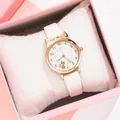 Close-up of rose gold cat ear watch with white leather strap in pink gift box - White Watch Only