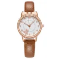 Rose gold cat ear watch with brown leather strap and kitten silhouette on white dial - Brown