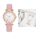Pink leather watch with starfish floral dial and rhinestone case including matching jewelry set - Pink + Bracelet