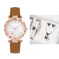 Detail view of quartz watch with brown strap and a 5-piece black butterfly jewelry set - Brown + Bracelet