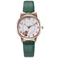 Cute cat-ear watch with rose gold case, green leather strap, and cat motif dial for women - Green