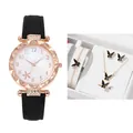 Women's quartz watch and butterfly jewelry set with black strap and gold accents - Black + Bracelet