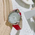 Cute children's watch with red leather strap, silver cat-ear case and kitten dial - Red