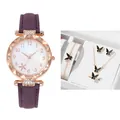 Close-up of elegant purple leather watch and black butterfly jewelry set in a gift box - Purple + Bracelet