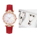 Women's star-patterned watch with red strap and five-piece butterfly jewelry set in a gift box - Red + Bracelet