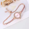 Detail of rose gold rhinestone watch with pink crystals and adjustable chain strap - Bracelet Watch / Pink