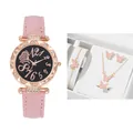 Elegantes Damen Quarzuhren Set mit rosa Lederarmband und Schmetterlingsschmuck Zubehör - Rosa + Armband