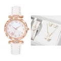 Detail of starfish dial watch and butterfly jewelry set in a white elegant gift box - White + Bracelet