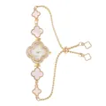 Elegant gold quartz watch with pink clover bracelet and crystal bezel for women - Gold